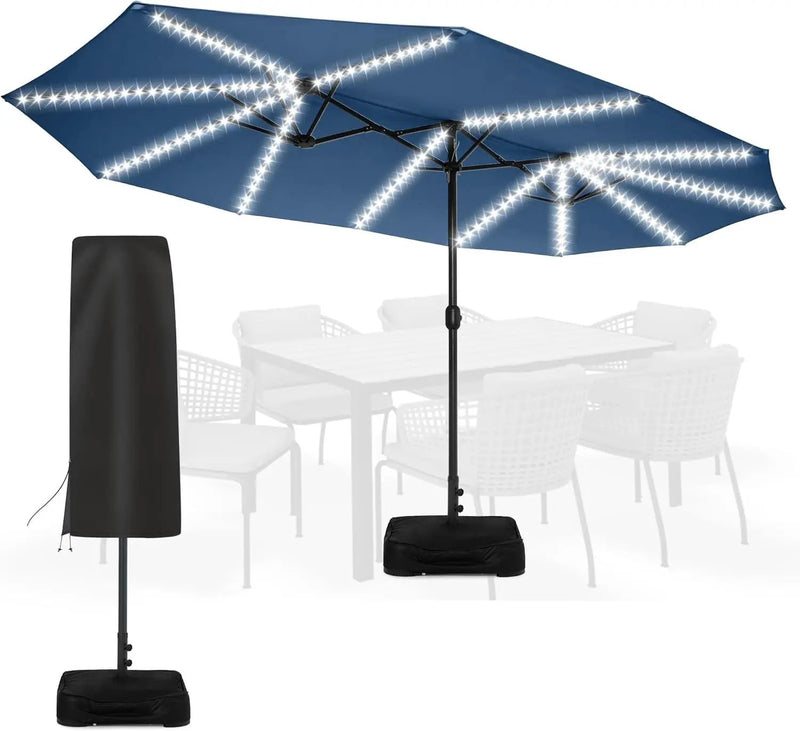 Sundale Outdoor Solar 144 LED 15 ft Patio Umbrella with Sandbag Base Included and Cover, Outdoor Double-Sided Umbrella, Navy by GreenHaven Gardens