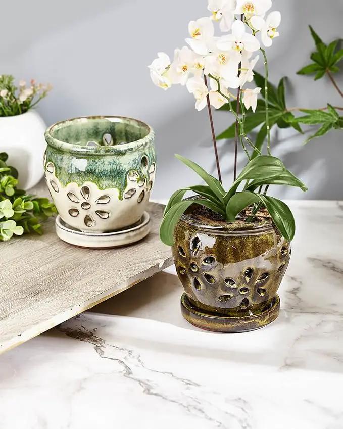 Vensovo 4 Inch Ceramic Orchid Pots with Holes and Saucers - 2 Pcs Small Succulent Pot for Repotting, Garden Flowerpots for Plants Indoor and Outdoor Promotes Air Circulation (Olive Green, Green Mixed) by GreenHaven Gardens