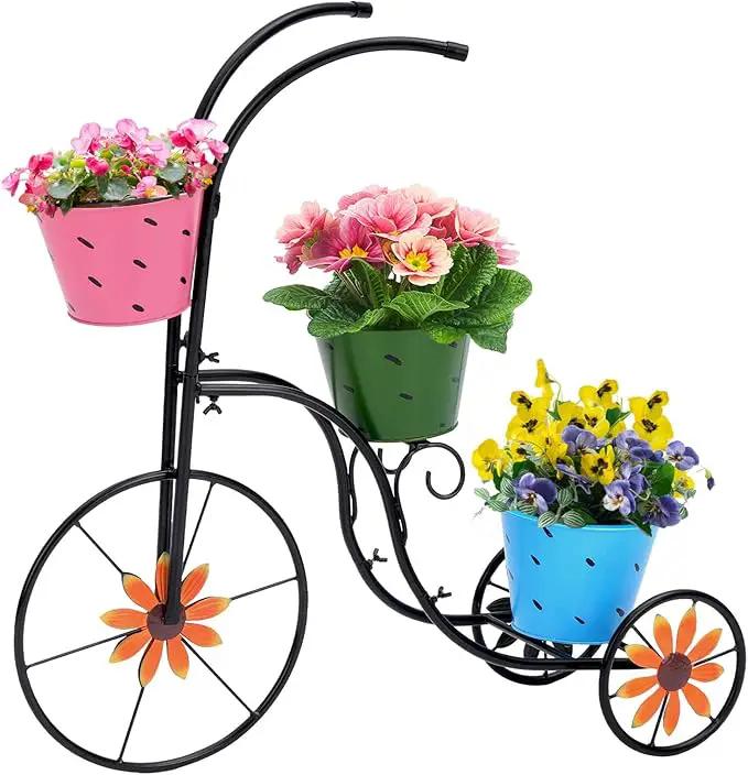 LEWIS&WAYNE Metal Tricycle Planter, 3 Tier Floral Flower Plant Stand Holder Hand Painted Outdoor Garden Patio Decor by GreenHaven Gardens