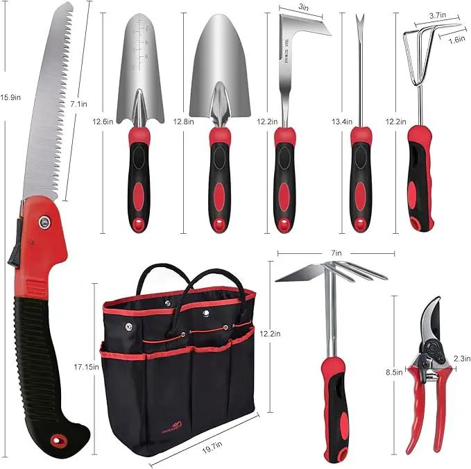 Red Gardening Tools, WisaKey 9 Piece Stainless Steel Heavy Duty Garden Tools, Red Gardening Hand Tools with Non-Slip Ergonomic Handle, Garden Tote Bag, Gardening kit, Gardening Gifts for Women and Men by GreenHaven Gardens