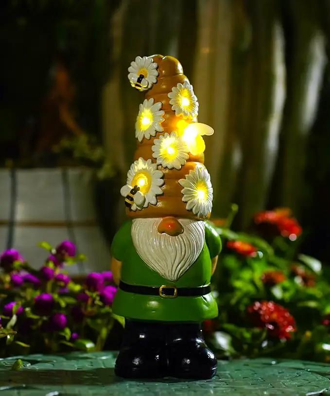 Solar Gnome Garden Statue for Decor: Outdoor Figurines Sculpture with Lights and Bee for Lawn Patio Yard Balcony - Gifts for Mom Women by GreenHaven Gardens