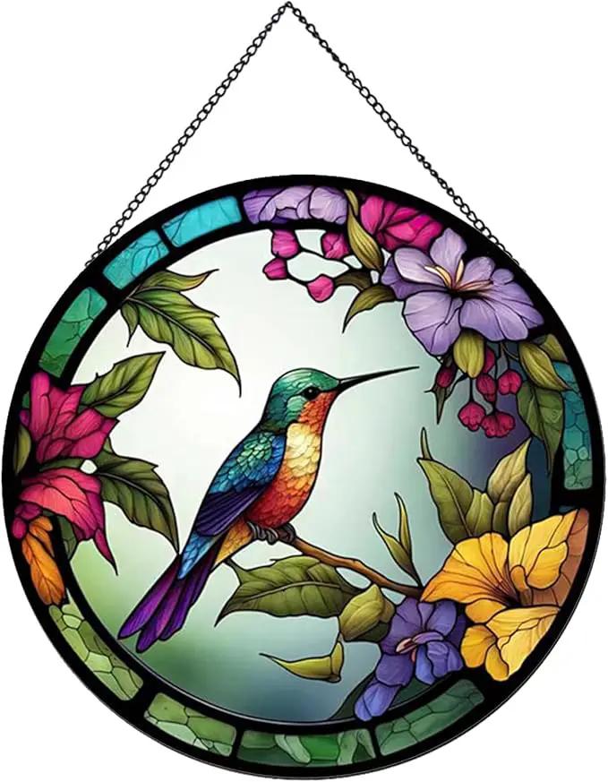 Hummingbirds and Flowers Pattern Hanging Stained Glass Suncatcher,Stained Glass Suncatchers for Windows,20cm/7.87inch Hand-Painted Sun Catcher Garden Painted Glass Panel Decor Themed Gift by GreenHaven Gardens