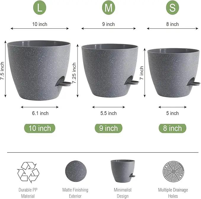 10/9/8 inch Self Watering Pots, Set of 3 Plastic Planters with Mesh Drainage Holes and Deep Reservoir for Indoor Outdoor Garden Plants and Flowers, Grey Speckles by GreenHaven Gardens