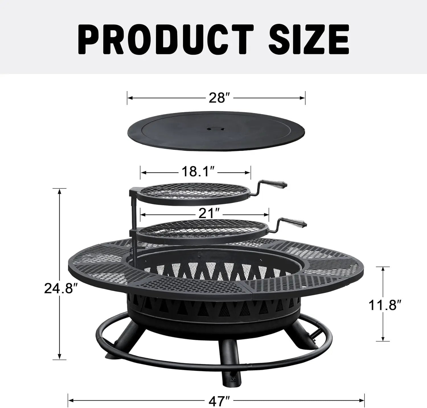 47 Inch Fire Pit with 2 Grills, Outdoor Extra Large Firepits for Outside, Wood Burning Fireplace for Camping,Picnic,Bonfire, 3-in-1 Round Metal Table with Lid for Backyard,Patio,Party by GreenHaven Gardens