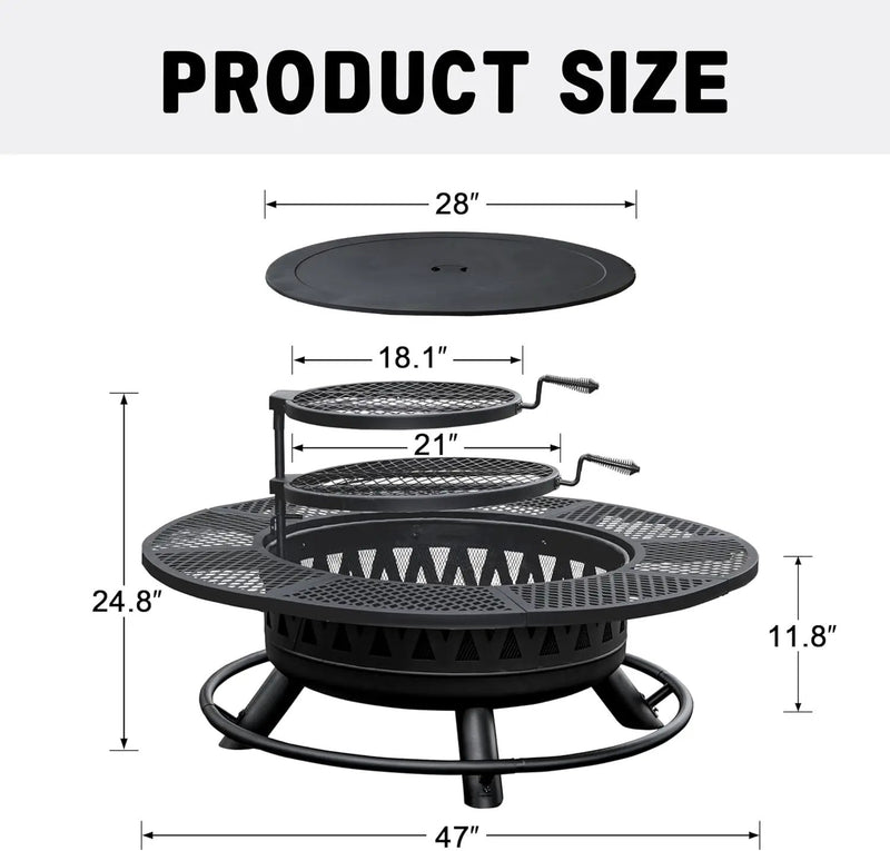 47 Inch Fire Pit with 2 Grills, Outdoor Extra Large Firepits for Outside, Wood Burning Fireplace for Camping,Picnic,Bonfire, 3-in-1 Round Metal Table with Lid for Backyard,Patio,Party by GreenHaven Gardens