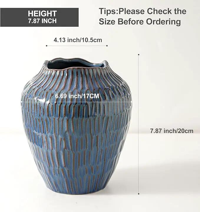 Blue Ceramic Vase for Home Decor,7.8 Inch Flower Vases，Decorative Vase for Pampas Grass，Modern Art Texture Vases for Home Entryway Living Room Dining Table Farmhouse Office Decor- Blue by GreenHaven Gardens
