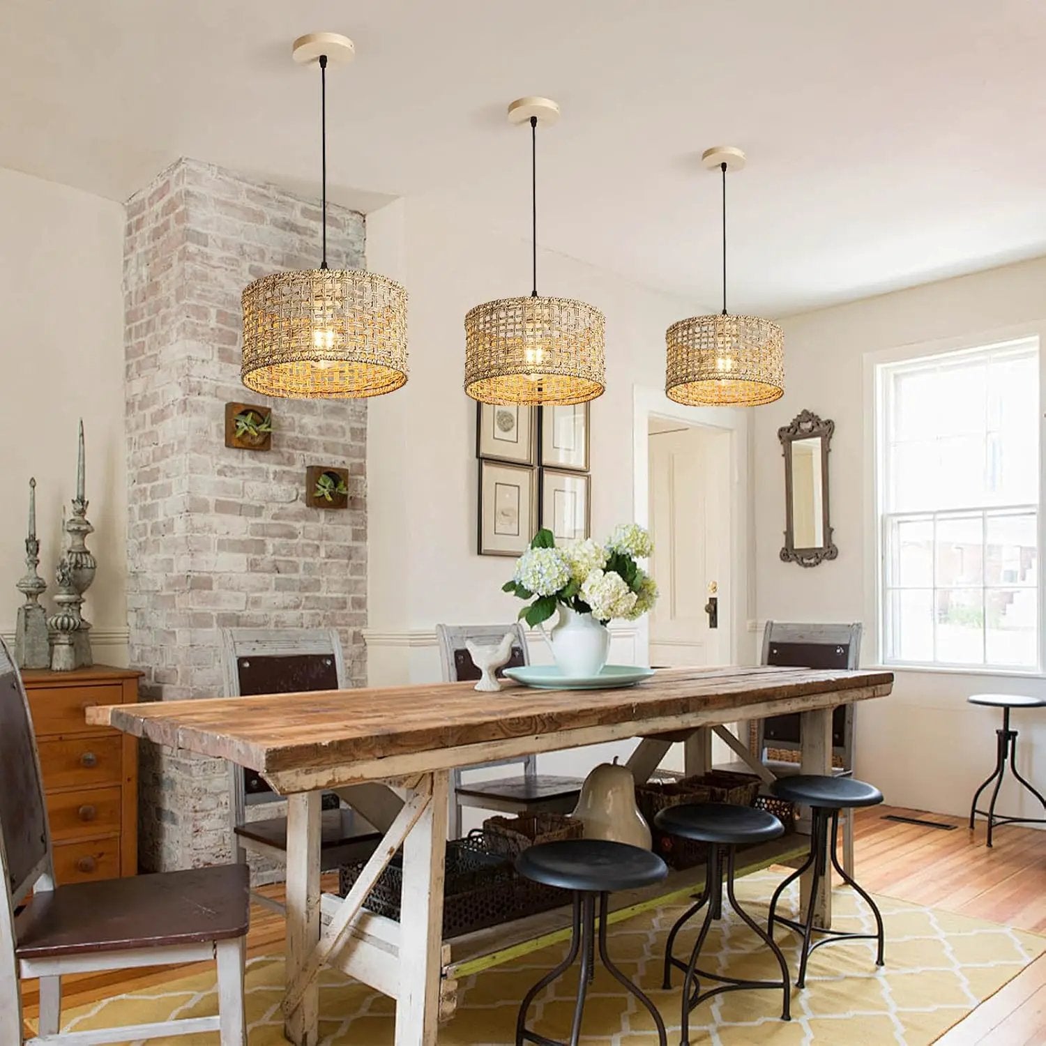 Hand-Woven Rattan Pendant Light, 11.8" Bohemian 1-Light Natural Wicker Hanging Lighting Fixture Ceiling Farmhouse Basket Hanging Lamp Chandelier for Kitchen Island, Living Dining Room by GreenHaven Gardens