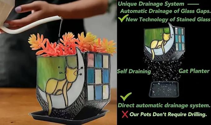 Tiffany Stained Glass Fun Moon Sleeping Cat Planter，Orange Sleeping Cat Cactus Planter，Cute Planters for Indoor Plants,Decorative Flower Pots As Gifts for Cat Lovers，4.6x3x5.15 in by GreenHaven Gardens