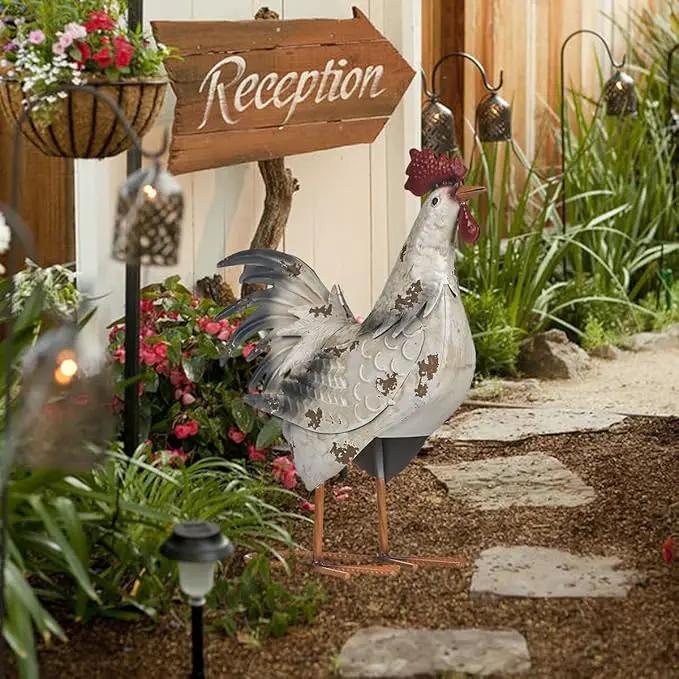 TERESA'S Collections Farmhouse Metal Rooster Garden Statues Decor, 15 Inch Rustic Outdoor Chicken Sculpture Figurines Yard Art for Farm Patio Lawn Kitchen Decorations,Spring Decor, Gift for Mom by GreenHaven Gardens