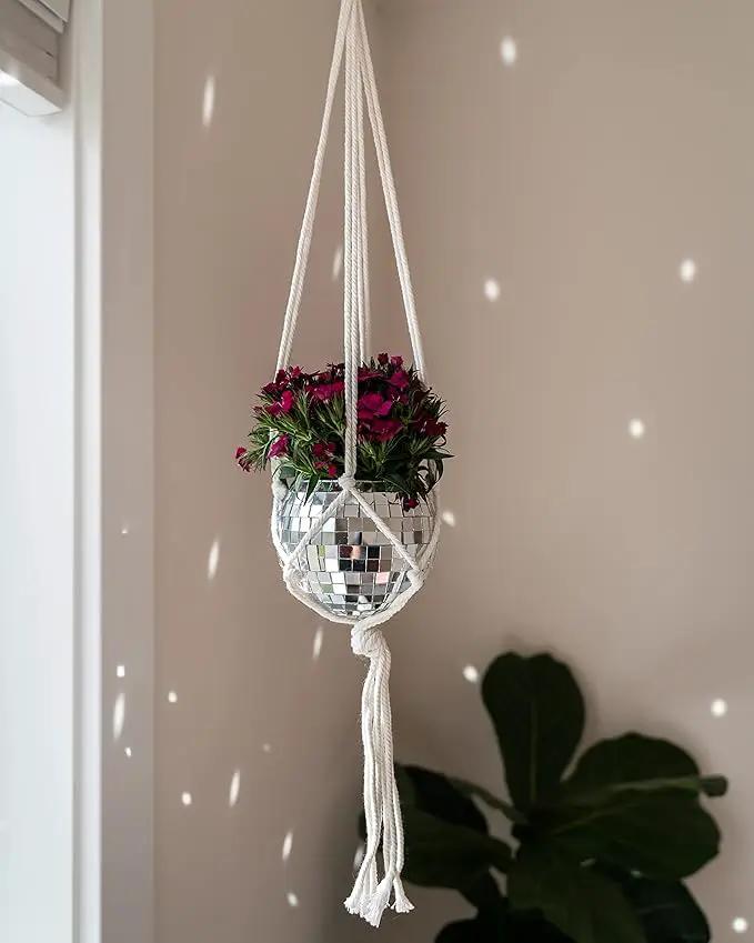 Hanging Disco Ball Planter 8" - with Acrylic Stand and Macrame Plant Hanger - Home Décor, Room Décor, Patio or Boho Décor, Mirror Disco Planter, Disco Decor (4" Mini with Base) by GreenHaven Gardens