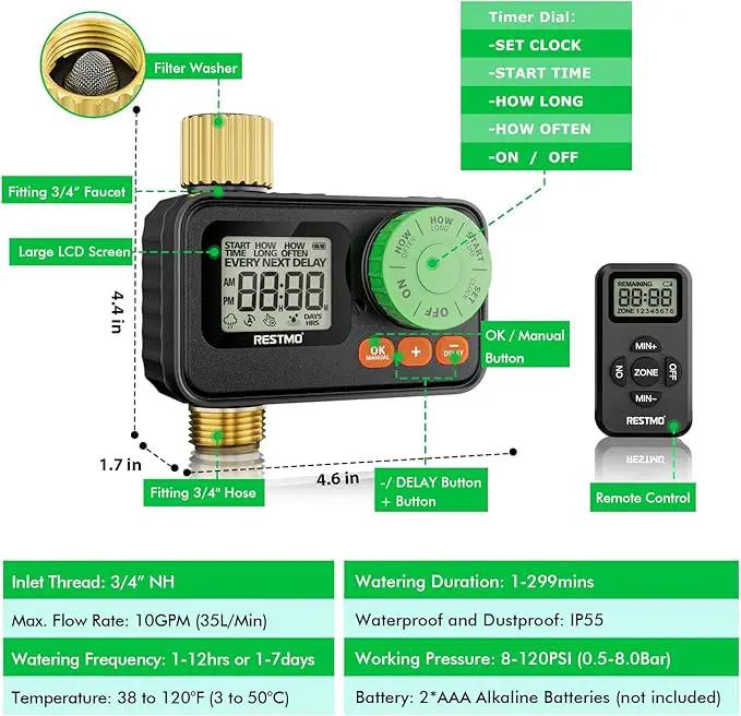 RESTMO RF Remote Controlled Sprinkler Timer with Brass Inlet & Outlet, Programmable Water Timer for Garden Hose, Automatic | Manual | Rain Delay for Outdoor Faucet, Drip Irrigation and Lawn Watering by GreenHaven Gardens