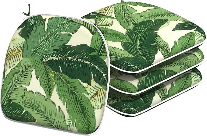 Indoor/Outdoor Chair Cushions 16x17 Inch, Patio Chair Cushions with Ties, All Weather Seat Cushions for Patio Furniture Home Garden Chair Use, Set of 4, Swaying Palms Green by GreenHaven Gardens
