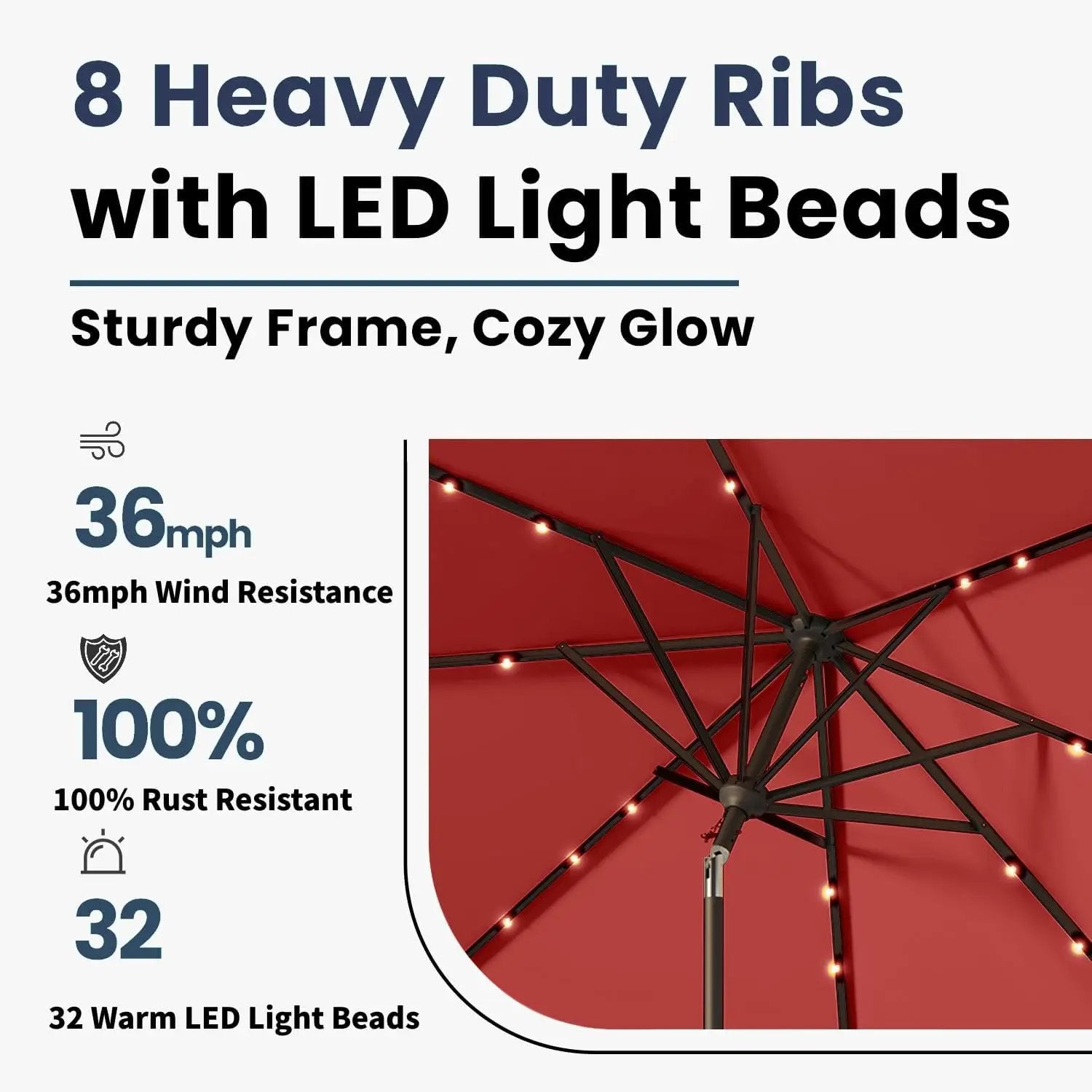 9FT Solar Umbrella 32 LED Lighted Patio Umbrella Table Market Umbrella w/Tilt and Crank, UV-Resistant Outdoor Umbrella for Pool, Garden, Deck, Red by GreenHaven Gardens