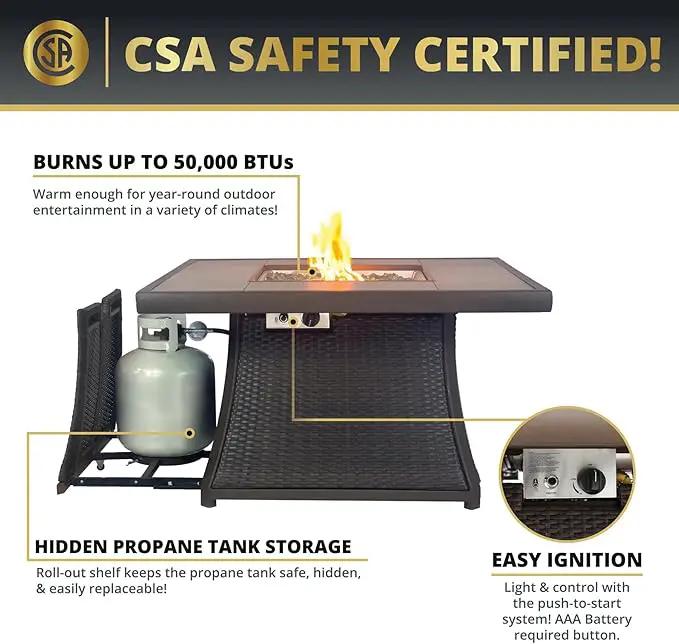 42" Outdoor Fire Pit Table for Patio, Propane Fire Pit Coffee Table with Square Base Patio Heater, CSA Certified, 50,000 BTU Stainless Steel Burner by GreenHaven Gardens