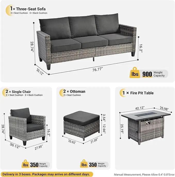 ovios 6 Pieces Patio Furniture Set with 42" Fire Pit Table, Outdoor Wicker Sofa with Comfy Cushions, All Weather High Back Rattan Couch Conversation Set, Black by GreenHaven Gardens