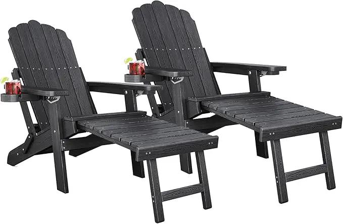 Adjustable Backrest Folding Adirondack Chair Set of 2, Adirondack Chair with Ottoman, Weather Resistant Fire Pit Chair with 2 Cup Holders, for Porch Backyard Outdoor Lawn Pool Deck Beach, Black by GreenHaven Gardens