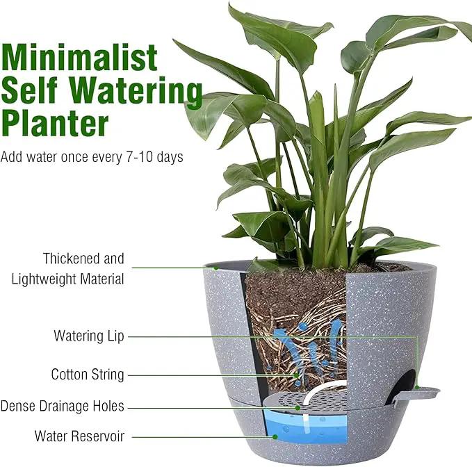 Big Self Watering Pots 12/10/9 inch, Planter, Plant Pots with Mesh Drainage Holes for Indoor Outdoor Garden Plants, Plastic Flower Pots with Removable Deep Reservoir, Speckled Grey by GreenHaven Gardens
