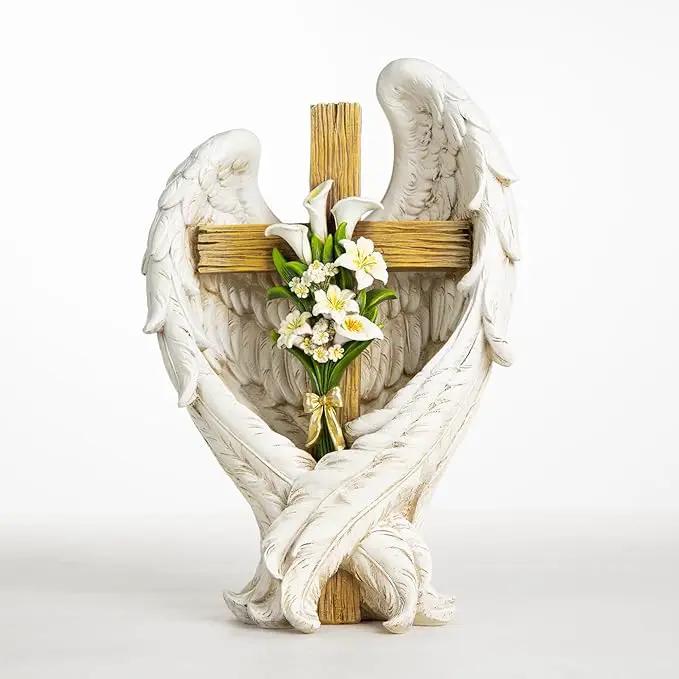 12" Angel Wings Embracing Cross and Calla Lily Garden Statue Memorial Statue by GreenHaven Gardens