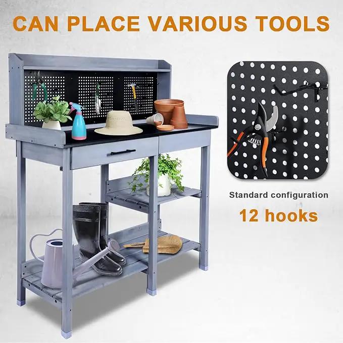 Outdoor Potting Bench Table,Garden Work Bench Metal Tabletop Horticulture with Shelf Rack Wooden Potting Benches for Outside with Holey Board/Hooks/Pads/Drawer/Adjustable and Cabinet,Gray