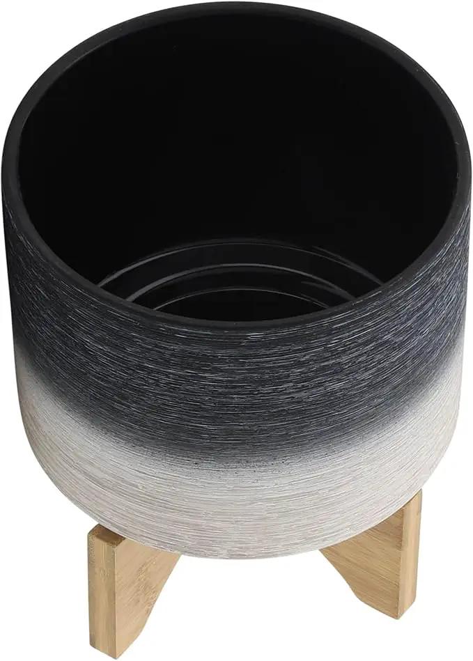 Sagebook Home 8" Planter on Stand - Ceramic Planter on Wooden Base - Contemporary Gray and White Textured Design Indoor or Outdoor Plant Stand Decor by GreenHaven Gardens