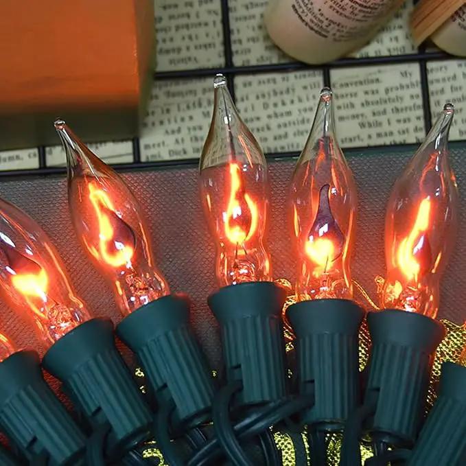 12.8Ft C7 Christmas Lights Flickering Flame String Lights with 12 Pack Clear Flame E12 Light Bulbs(2 Spare), Great for Christmas Decorations Indoor Outdoor Home Patio Party Lights, Green Wire by GreenHaven Gardens