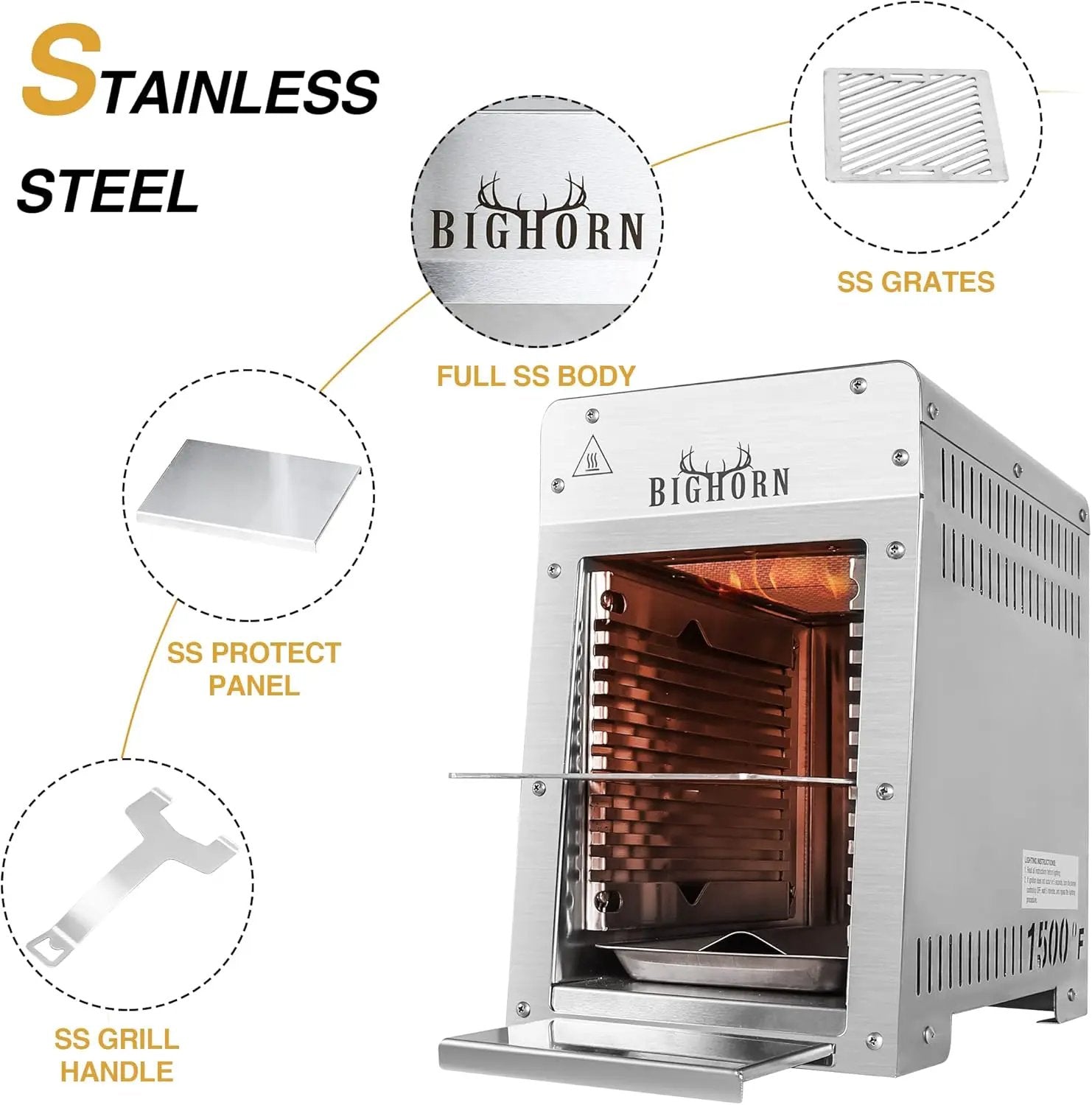 BIG HORN OUTDOORS Portable Infrared Broiler Propane Gas Grill, 1500 Degree Stainless Steel Tabletop Quick Cooking Steak Grill for Meat, Seafood, Veggies by GreenHaven Gardens