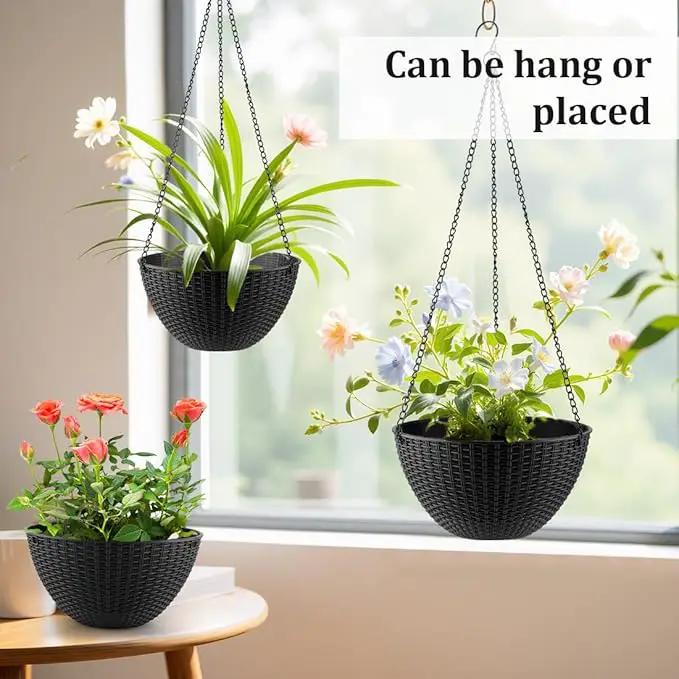 Hanging Planters for Indoor Outdoor Plants 8/10 Inch, 4 Packs Plant Hanger with Drainage Holes, Hanging Basket Flower Pot Perfect for Home, Office and Garden, Black by GreenHaven Gardens