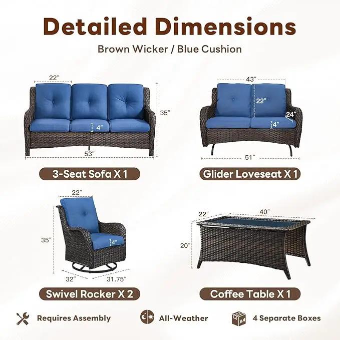 5 Piece Outdoor Patio Furniture Set - Outdoor Conversation Couch and Loveseat Glider Chair Furniture Set with Rattan Coffee Table for Deck Balcony Poolside Brown Wicker/Blue Cushions by GreenHaven Gardens