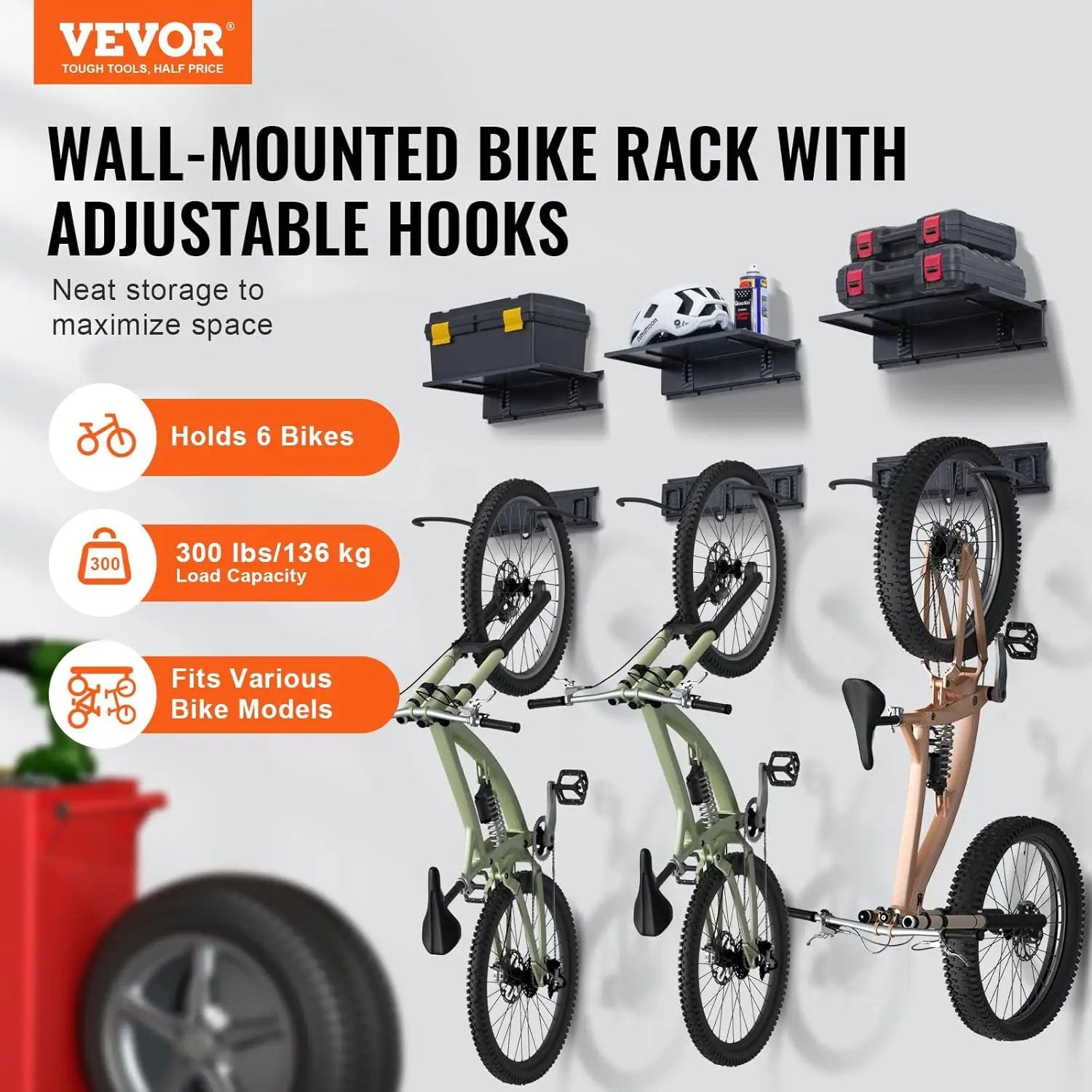 VEVOR Bike Storage Rack, 6 Bike Racks and 3 Helmets Hooks, Wall Mount Bike Storage Hanger with 3 Shelves, Home & Garage Organizer, Customizable for Various Bike Sizes, Holds Up to 300 lbs, 48-inch by GreenHaven Gardens