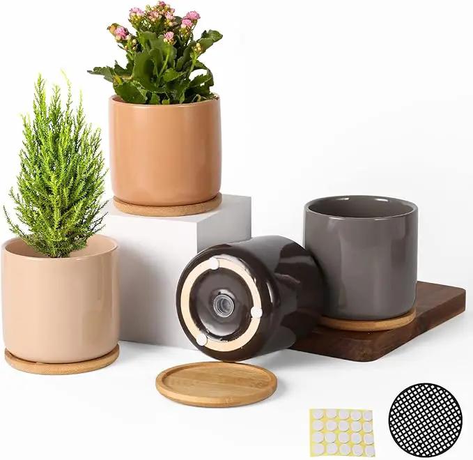 OMAYKEY 4 Inch Ceramic Plant Pot with Saucer, Multicolor Bright Glazed Planters Pots with Drainage Hole and Mesh Pads for Succulent, Indoor Flowers, Snake Plants, Cactus, Herbs, Set of 4 by GreenHaven Gardens