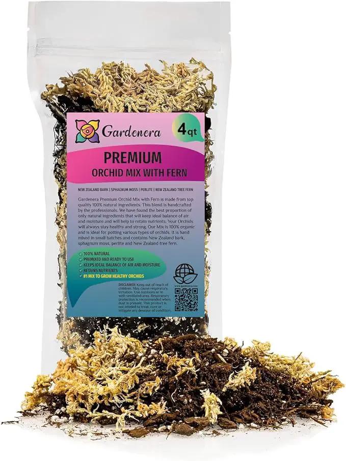 Premium Orchid Mix by GARDENERA | Fern + New Zealand Pine Bark + Sphagnum Moss + Perlite | Best for Growing and Repotting Orchids - 4 Quart Bag by GreenHaven Gardens