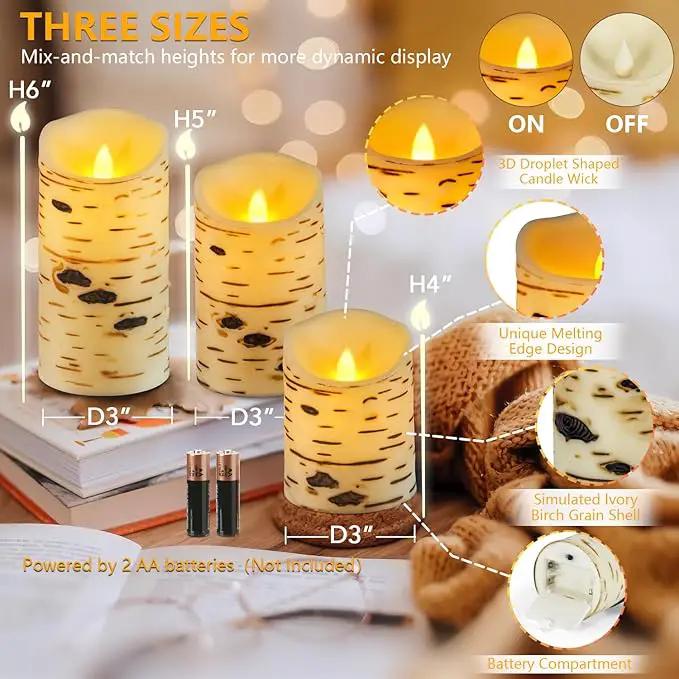Metaku Flameless Candles Battery Operated Set of 3 Birch Bark LED Pillar Candles with Remote,3D Moving Wick Electric Decorative Candles for Christmas Party Wedding Home Bedroom,D 3"×H4 5" 6" by GreenHaven Gardens