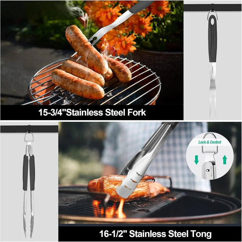HAUSHOF Large Grilling Accessories, BBQ Grill Set, Heavy Duty Stainless Steel Barbecue Utensils with 16-1/2" Spatula, Brush, Fork, Tongs, Skewers, Thermometer, Bag, Ideal Gift, 15PCS by GreenHaven Gardens