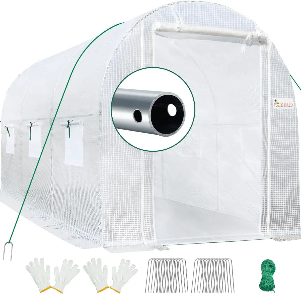 KING BIRD Premium 10x6.6x6.6FT Greenhouse for Outdoors, Large Walk-in Heavy Duty Galvanized Steel Frame, Mesh Door Screen Window Upgraded Zipper Tunnel Hoop for Garden Plant Winter, White by GreenHaven Gardens