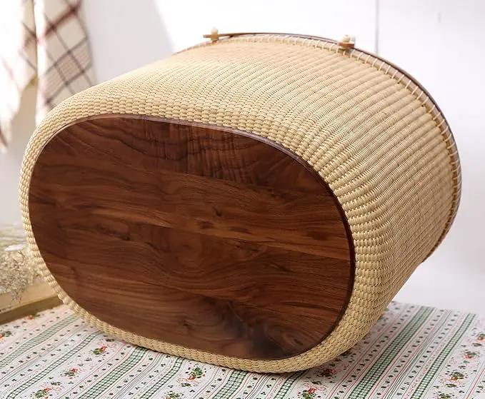 Nantucket Basket Crafts Cane-on-Cane Weave Picnic Basket Shopping Basket Basket Storage Basket Two Swing Handles (Black Walnut Activity Double Open) by GreenHaven Gardens