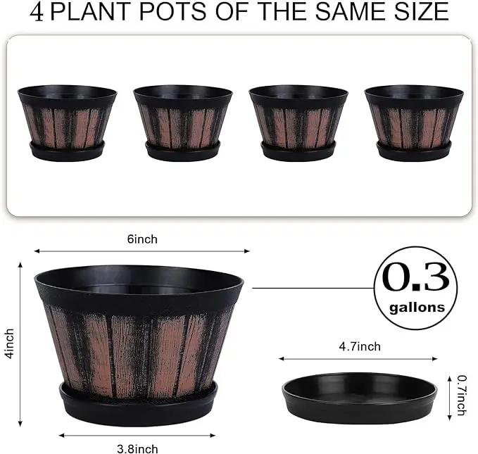 Quarut 6 inch Brown Barrel Planters with Drainage Holes & Saucer, Set of 4, Indoor & Outdoor Garden Home Plants by GreenHaven Gardens
