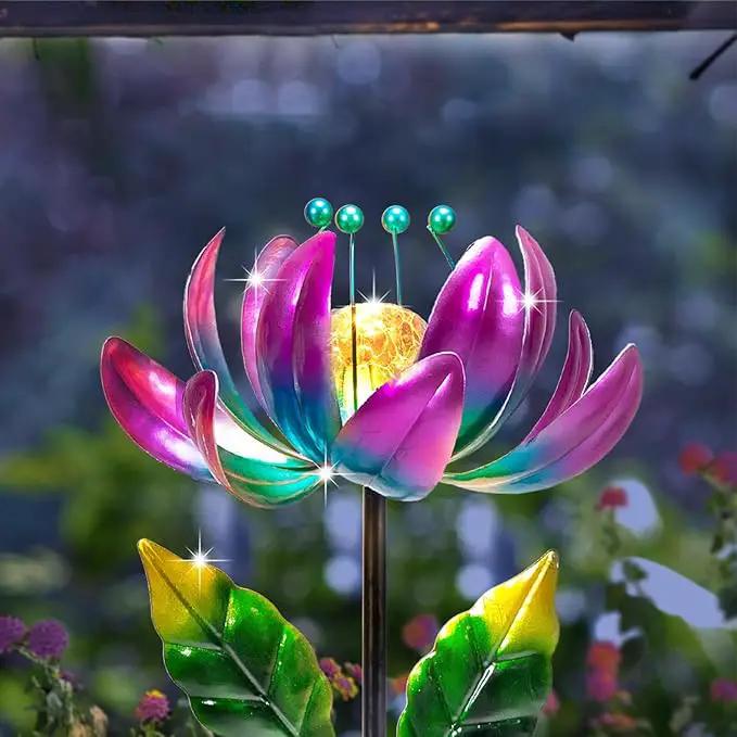 Huaxu Solar Outdoor Lights 35.4In Garden Decor Flower Wind Spinners,Waterproof LED Crackle Glass Globe Purple Lotus Art Metal Stake for Lawn Patio Pathway Yard Porch Driveway Decorations Gift by GreenHaven Gardens