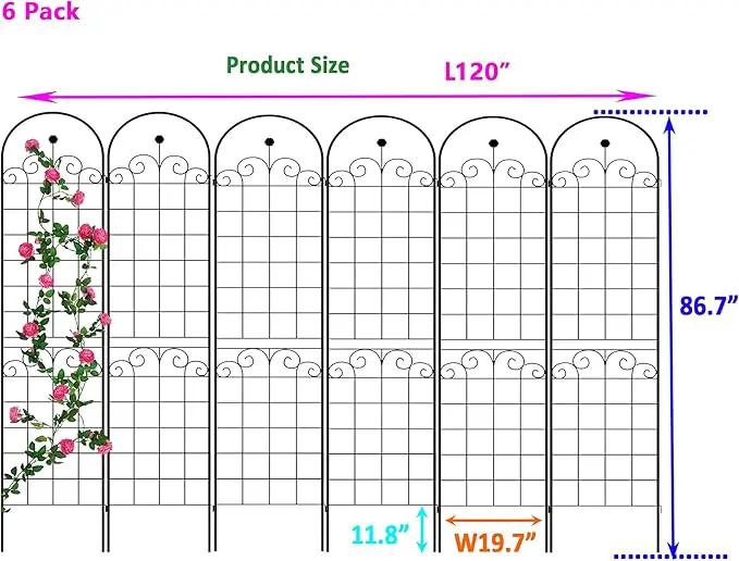 6 Pack Metal Garden Trellis 86.7" H Garden Fence Rustproof Trellis for Climbing Plants Support Roses Flower Outdoor Lawn Black by GreenHaven Gardens