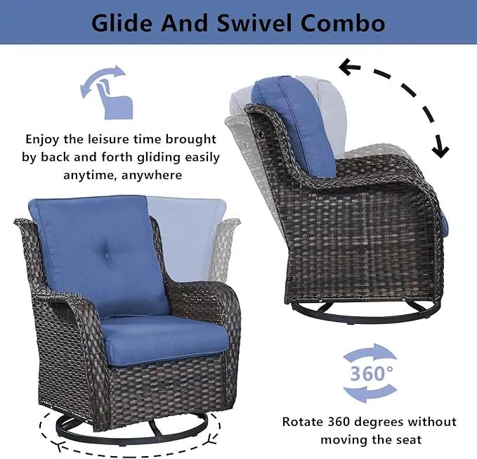 Wicker Outdoor Furniture Patio Furniture Set - 6 Piece Patio Conversation Set with Swivel Rocker Chairs, Loveseat Sofa, Ottomans and Coffee Table, Blue Cushion by GreenHaven Gardens