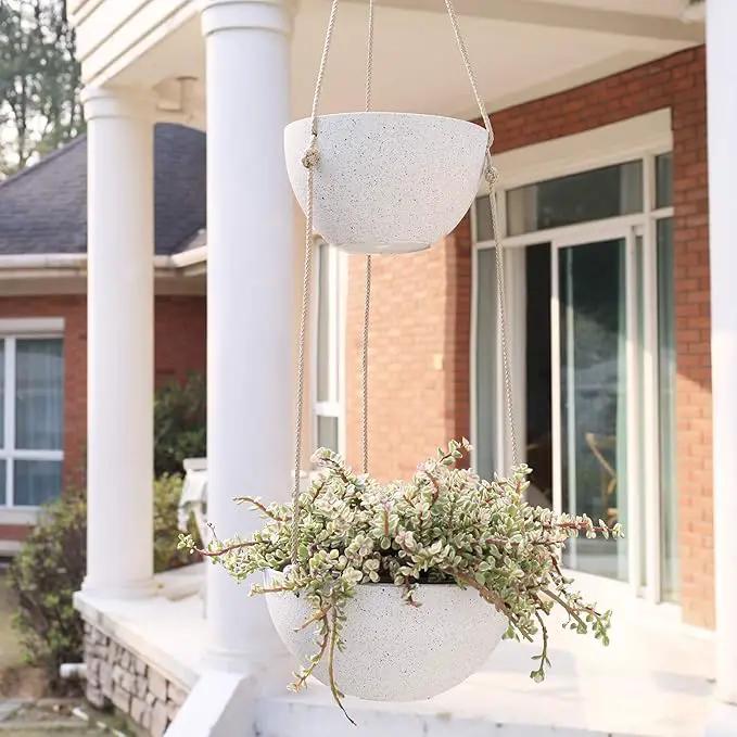 LA JOLIE MUSE 2 Tier Hanging Planters for Indoor & Outdoor Plants - Modern Flower Pots with Rope, Garden Planters with Drain Holes, Speckled White by GreenHaven Gardens