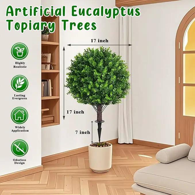 Artificial Topiary Tree with Eucalyptus, Set of 2 Artificial Shrub Bushes with Ground Spike, Fake Evergreen Tree for Porch, Artificial Plants for Outdoor Planters Indoor UV Resistant by GreenHaven Gardens