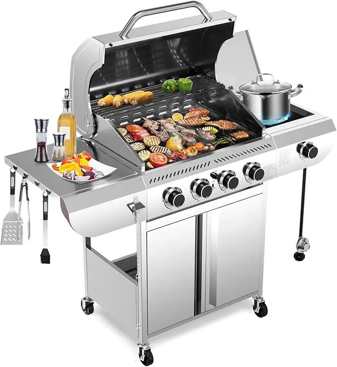R.W.FLAME 4-Burner Gas Grill with Side Burner, Stainless Steel Propane Grill 42000BTU for Outdoor Cooking, with Porcelain-Enameled Cast Iron Grates, Baking Pan, Silver by GreenHaven Gardens