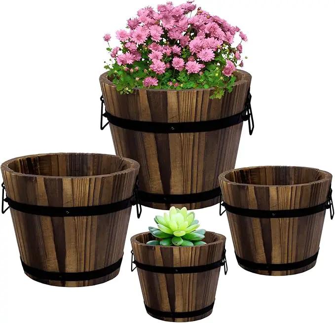 Adnee 4 Pack Wooden Whiskey Barrel Planters - 4 Sizes Wooden Bucket Barrel Garden Planters Set - Rustic Flower Planters Pots Container for Indoor Outdoor Garden Home Plants(4.7",6.1",7.1",9") by GreenHaven Gardens