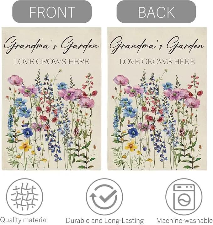 Grandma's Garden Flag Welcome Sign Love Grows Here Flag Gift Flower Decoration Small Double Sided Burlap art Stained Glass Style Garden Flags 12 x 18 Inch for Outside by GreenHaven Gardens