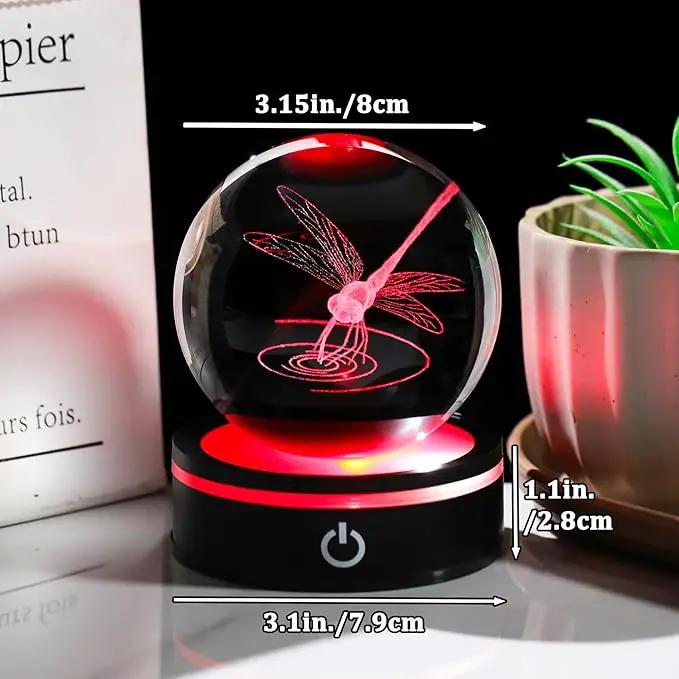 YWHL Crystal Ball 3D Dragonfly Figurine with LED Base, Dragonfly Gifts for Men Women on Christmas Birthday, Glass Animals Insect Sphere Decorative Ball for Home Decor (80mm) by GreenHaven Gardens