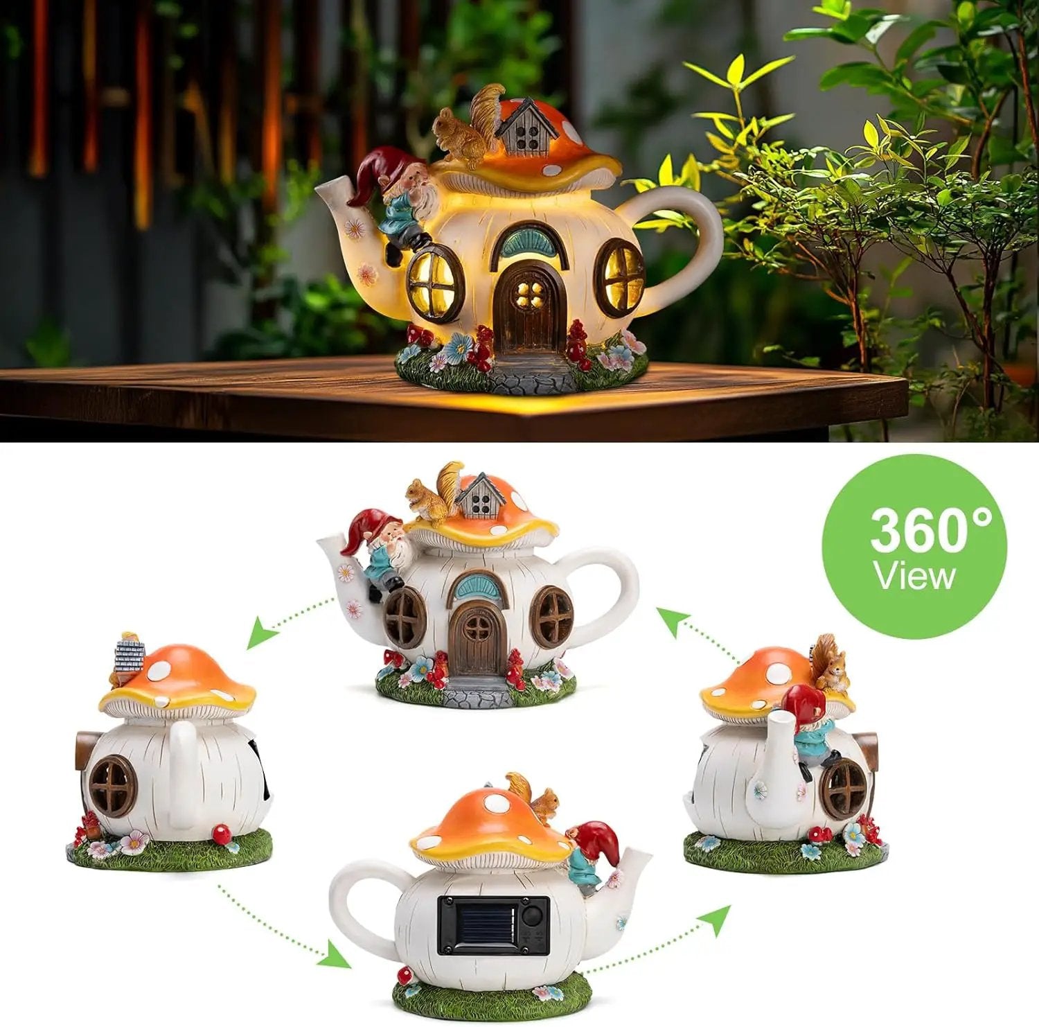 Mushroom Fairy House Garden Decor Solar Light – Outdoor Gnome Statue with Squirrel, Resin Teapot Decorative Figurine for Patio, Lawn, Yard & Balcony, for Women, Mom, and Home by GreenHaven Gardens