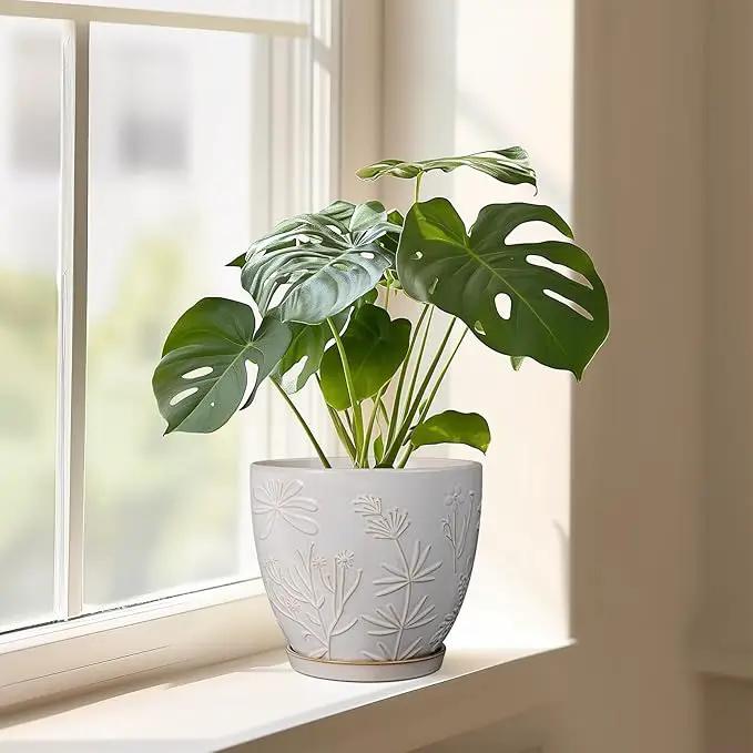 8 Inch Ceramic Pots for Plants Large Planter Pot with Drainage Hole and Saucer Round Flower Pot for Indoor Outdoor Decor, White by GreenHaven Gardens