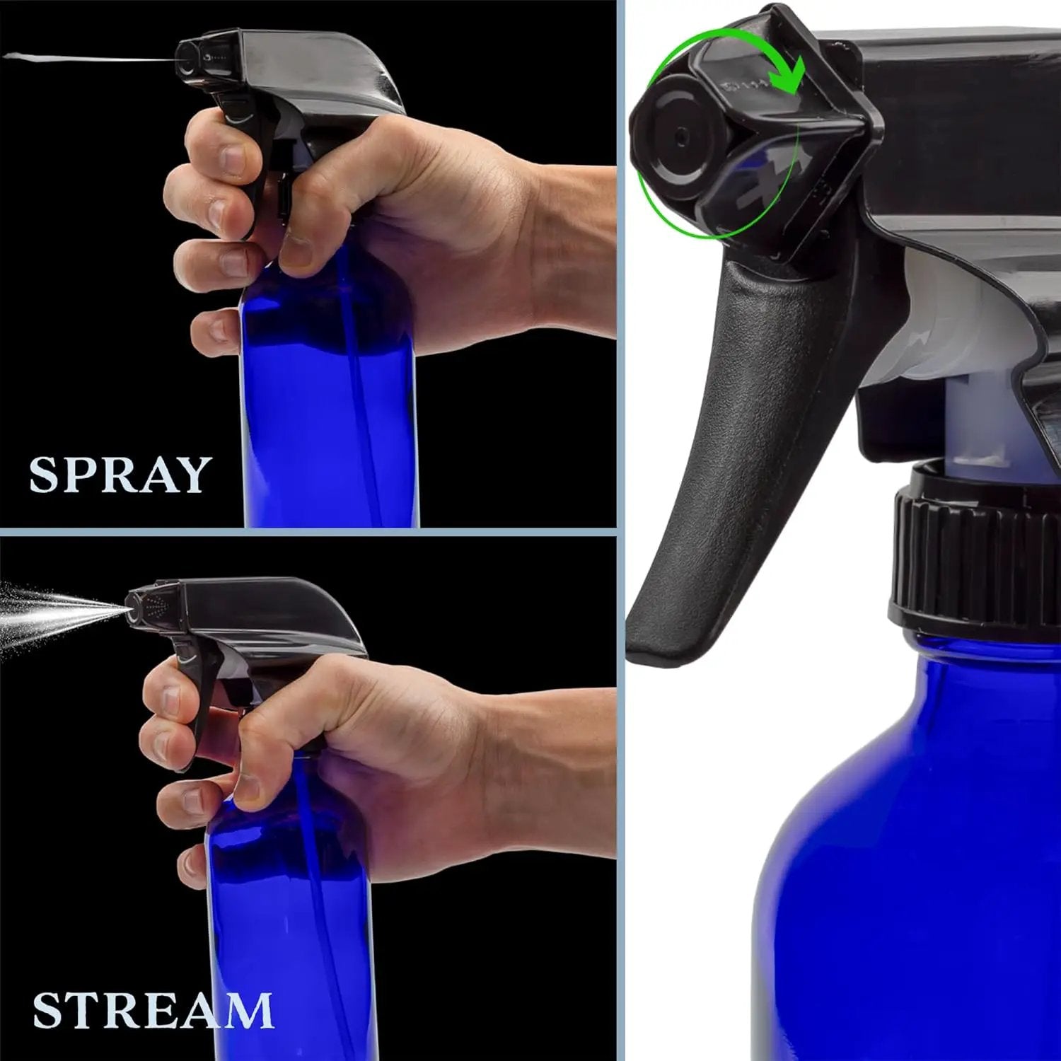 Cornucopia Brands 8-Ounce Cobalt Blue Glass Boston Round Spray Bottles (2 Pack) 3-Setting Heavy Duty Sprayers, Empty Refillable Bottle by GreenHaven Gardens