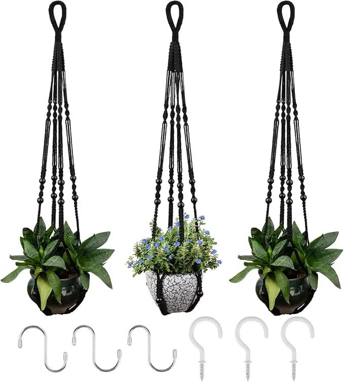 RIFNY Macrame Plant Hanger for 5 to 10 Inch Plant Pots, 35 Inch Indoor Handmade Woven Rope Hanger Kits with Hooks and Wood Beads, Hanging Planter Basket Holder for Boho Home Decor (Black, 3 Pack) by GreenHaven Gardens