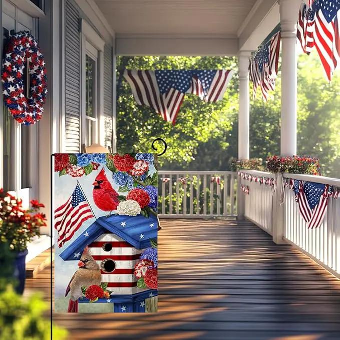 BLKWHT 4th of July Cardinal Bird Garden Flag 12x18 Vertical Double Sided Red Blue Floral Memorial Day Independence Day Holiday Outside Decorations Burlap Yard Flag BW824 by GreenHaven Gardens